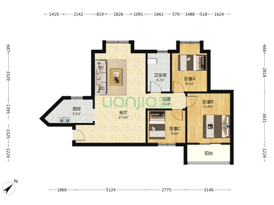 船机璟苑 3室1厅1卫 89平方