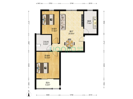 东升花园 2室1厅1卫 91平方