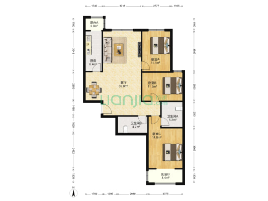 海棠家园 3室1厅2卫 137平方