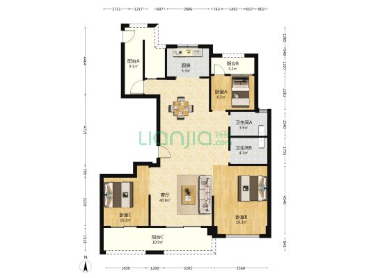 新苑阳光嘉园 3室1厅2卫 140平方