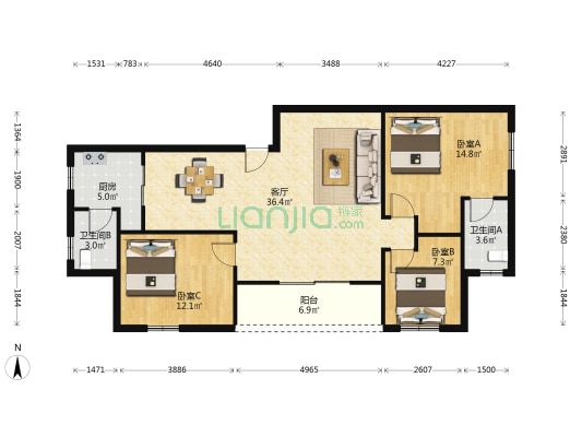 双湖塘小区 3室1厅2卫 107平方