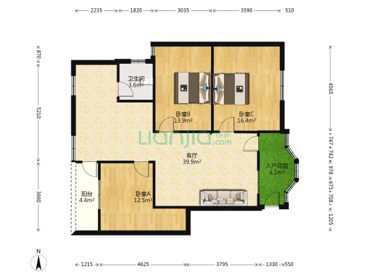 金泰花园 3室1厅1卫 102平方