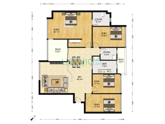 雅郡花园 4室1厅2卫 160平方