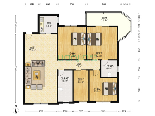 蔡甸财政局宿舍 4室1厅2卫 151平方