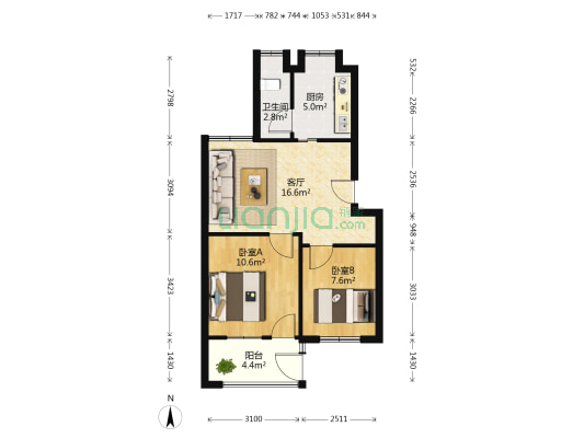 老鸦冲小区 2室1厅1卫 59平方