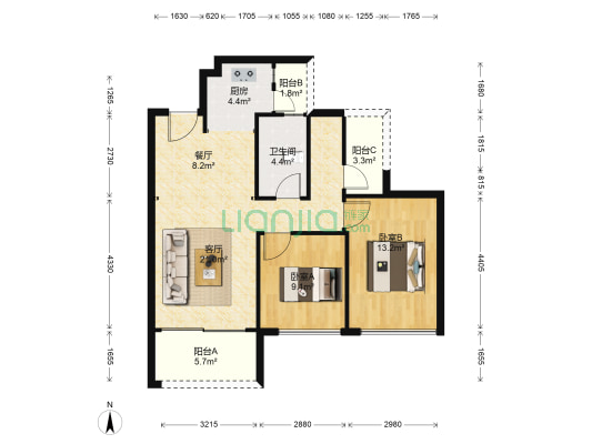 远洋珑郡 2室2厅1卫 88平方
