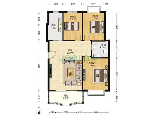 理想家园·泉水湾 3室1厅1卫 109平方