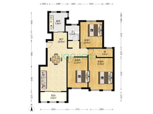 汇鑫悦澜湾 3室1厅1卫 113平方