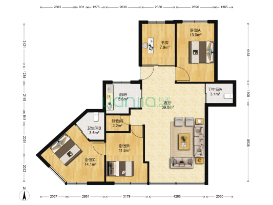 蝉街商厦 4室1厅2卫 113平方
