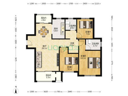 南行贤苑 3室1厅2卫 117平方