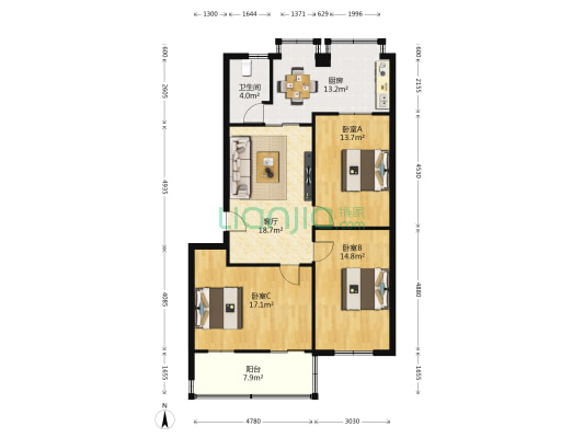 商业厅宿舍 3室1厅1卫 83平方