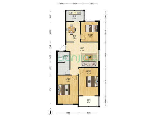 交通局院 3室2厅1卫 105平方