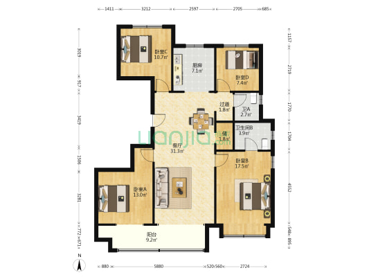 吾悦广场 4室1厅2卫 144平方