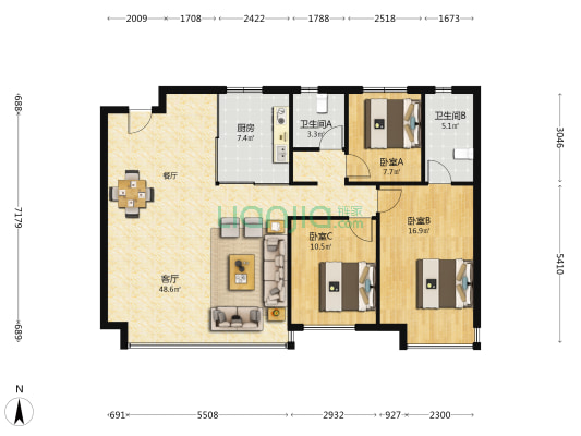 万科东第 3室1厅2卫 133平方