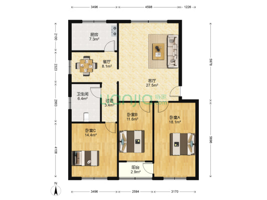 长安老干局小区 3室2厅1卫 117平方