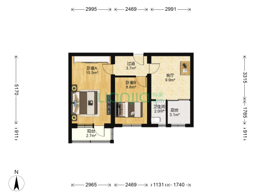 玉皇庄小区 2室1厅1卫 59平方