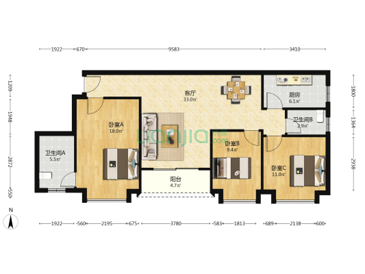 富康西路 3室1厅2卫 106平方