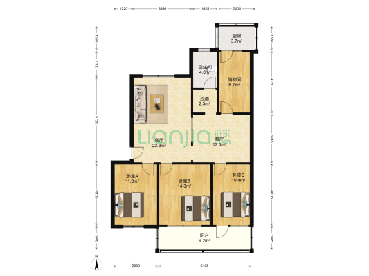 文明小区 3室2厅1卫 128平方