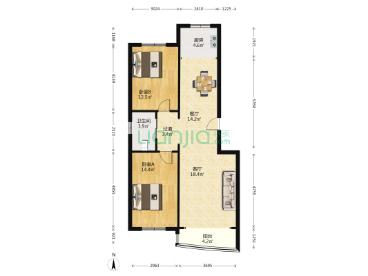 时代花园 2室2厅1卫 94平方