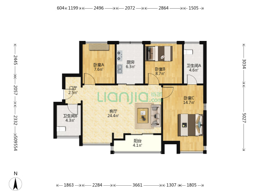 公园花半里 3室1厅2卫 89平方