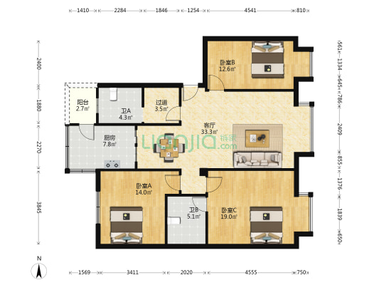 玲珑晓筑 3室1厅2卫 122平方