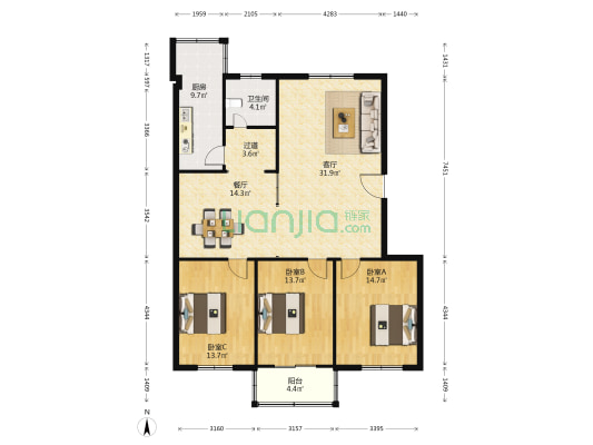 惠泽苑 3室2厅1卫 130平方