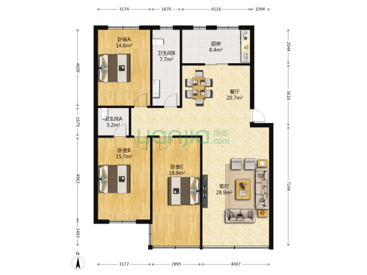 金色家园(信州区) 3室2厅2卫 134平方