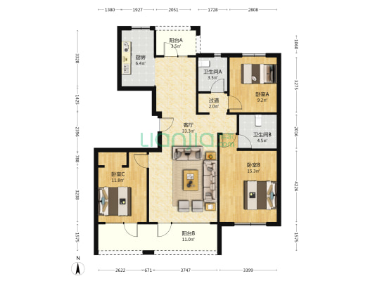清华凤凰园 3室1厅2卫 125平方