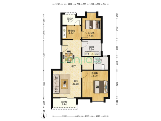 水韵悦城 2室1厅1卫 91平方