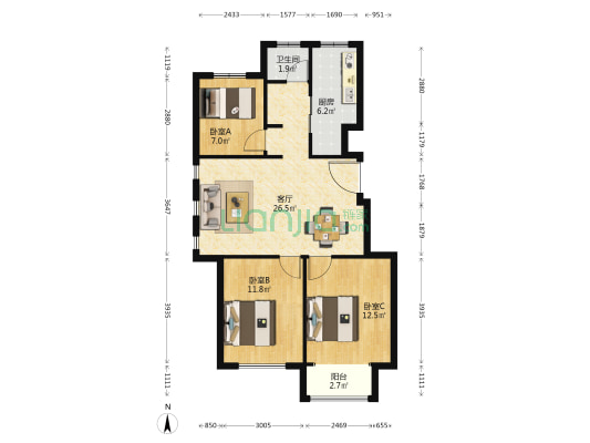 华熙公馆 3室1厅1卫 90平方