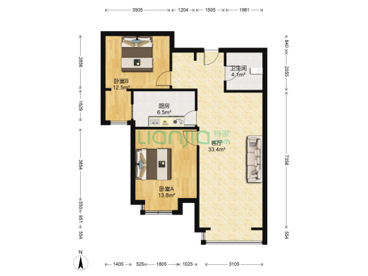 香邑溪谷三面朝阳户型，三阳开泰2居-户型图