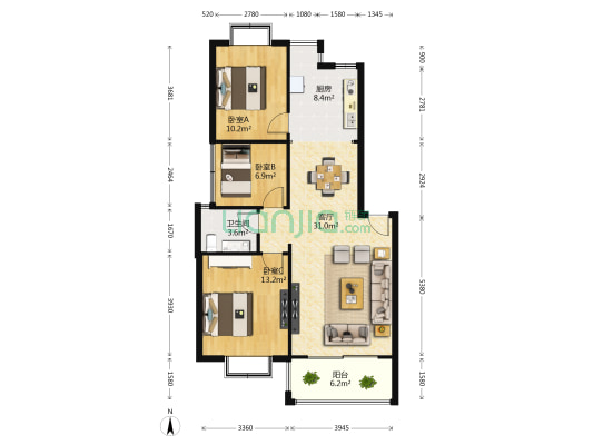 平安象湖风情水亭居 3室1厅1卫 89平方