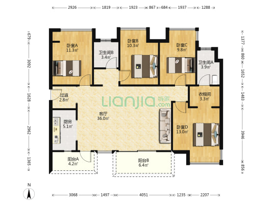华润置地理想之城 4室1厅2卫 135平方