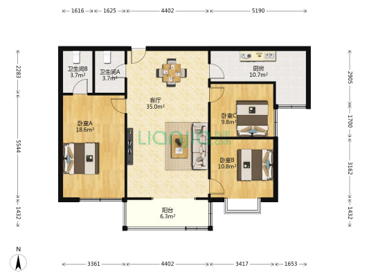凌江帝景 3室1厅2卫 123平方