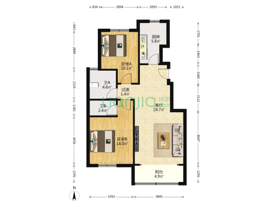 城南尚府 2室1厅2卫 88平方