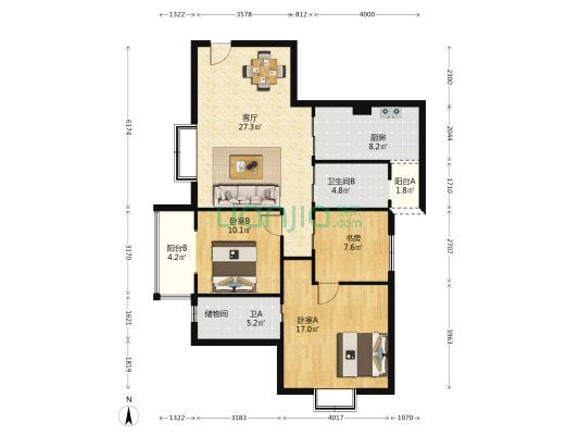 东方1+1 3室1厅2卫 111平方