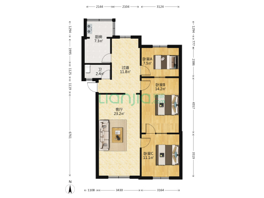 设计院家属院 3室1厅1卫 68平方