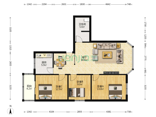 茂园 3室1厅1卫 105平方