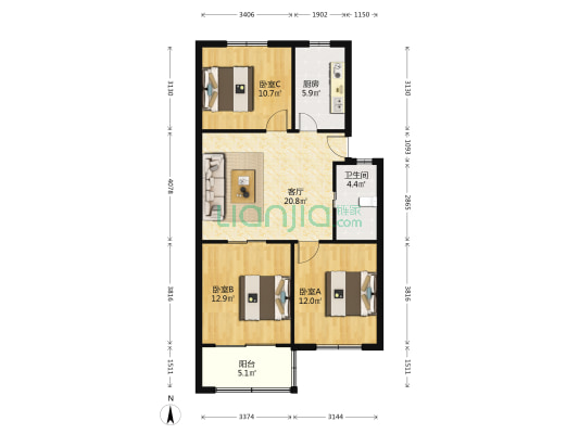 湄洲新村东区 3室1厅1卫 86平方