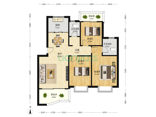 南百仙葫苑 3室1厅2卫 104平方