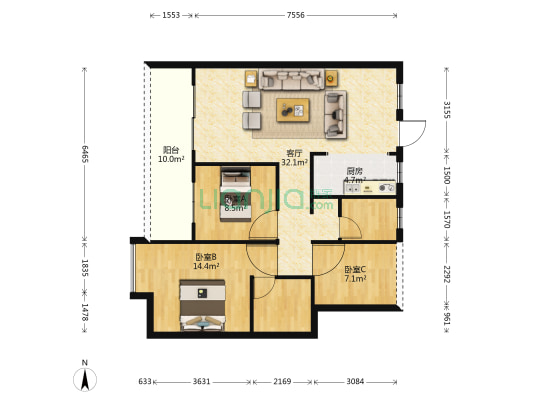 和苑 3室1厅0卫 77平方