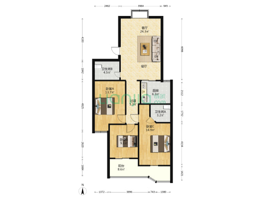望江园 3室1厅2卫 106平方