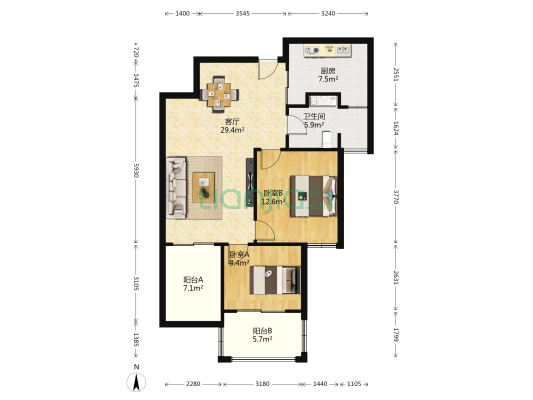 边城世家 2室1厅1卫 91平方