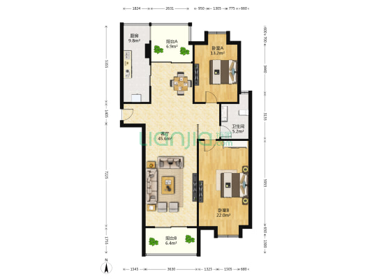 星云峰尚 2室1厅1卫 148平方