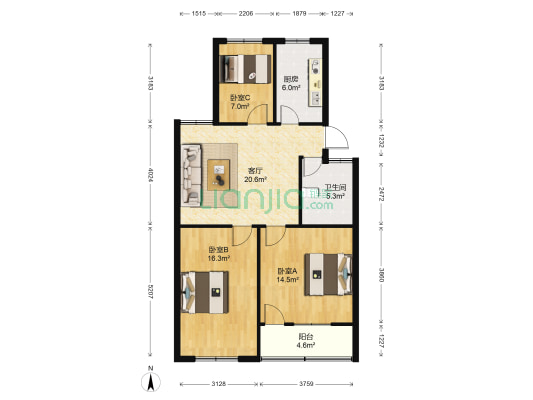 葛光社区 3室1厅1卫 89平方