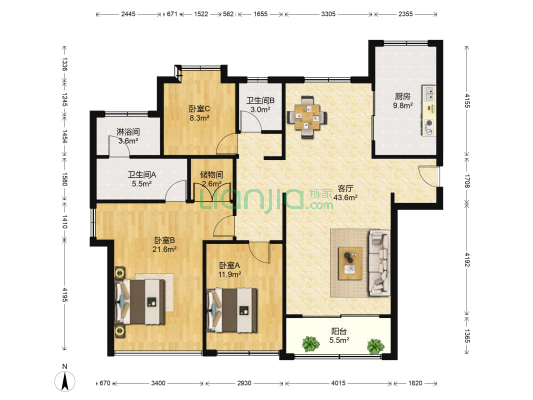 保利海德公馆 3室1厅3卫 168平方