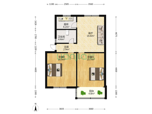 牛奶厂宿舍 2室1厅1卫 77平方