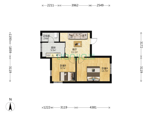 地震局单位宿舍 2室1厅1卫 59平方