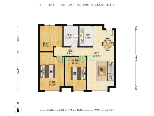 万达盛京ONE 3室1厅1卫 96平方