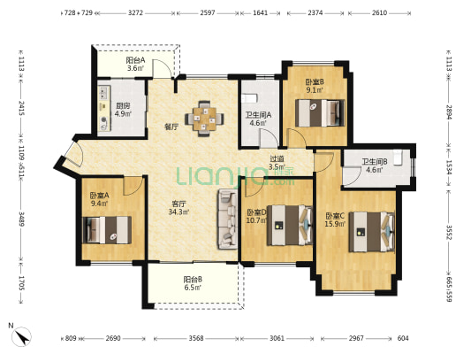 星河丹堤G4区 4室1厅2卫 125平方